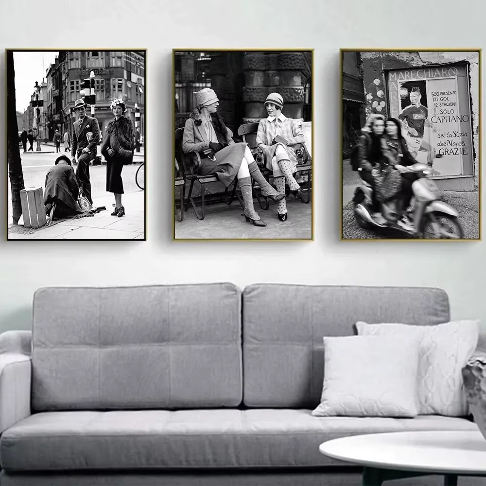 Street Fashion Vintage - Modischer Schwarz-Weiß-Vintage-Fotodruck, Italien, Paris, Straßendruck, Poster,