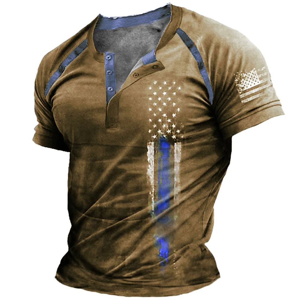 Street Fashion Vintage - Lustiges 3D-amerikanische-Flaggen-Print Herren-Henley-Shirt, modisches Henley-Kragen-Kurzarmshirt, Sommer-Streetwear,