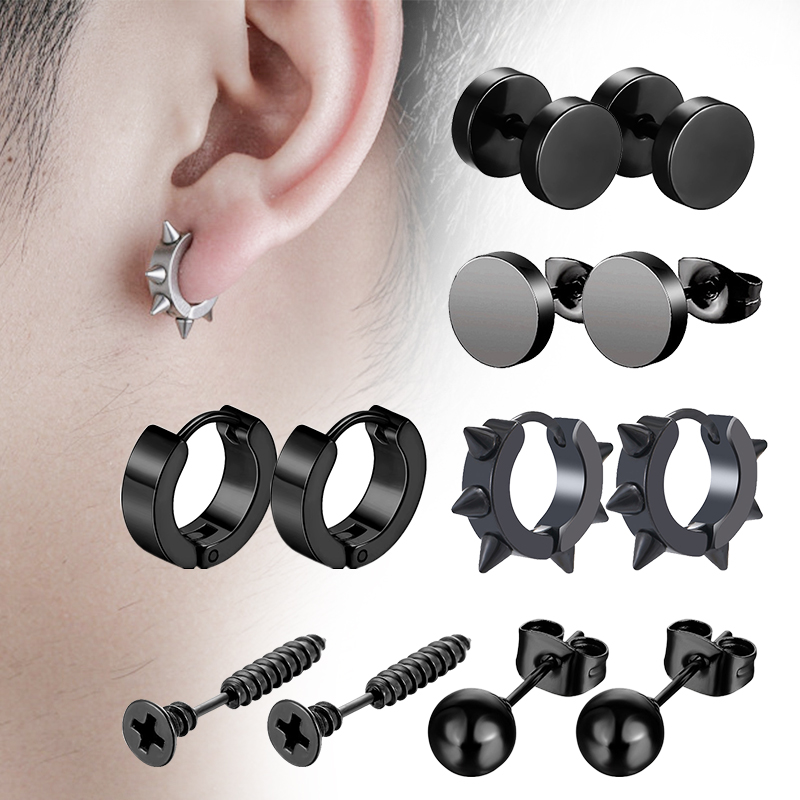 Street Fashion Earrings - 6-teiliges schwarzes Unisex-Ohrring-Set aus Edelstahl, Piercing-Creolen