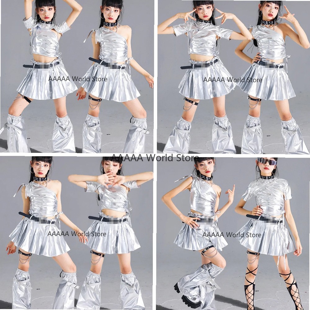 Street Fashion Europe - Cosplay Silbernes Crop-Top und Plissierter Rock
