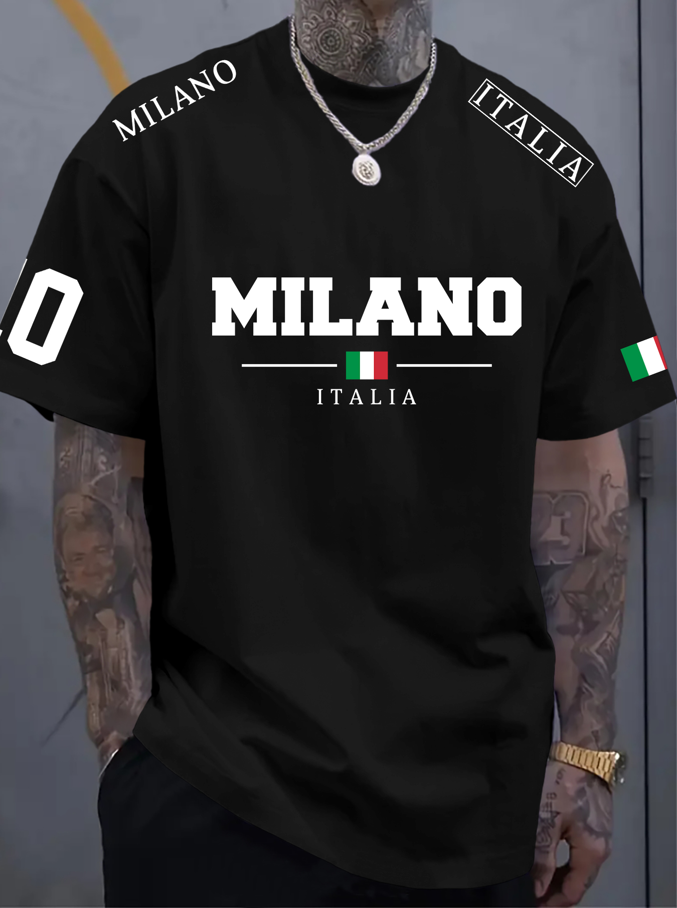 Street Fashion Milano - Herren-T-Shirt, Lässiger Street-Style, Milano Italien Flaggen-Buchstaben-Print,